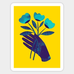 Dark purple blue hand with turquoise flowers for you on yellow Magnet